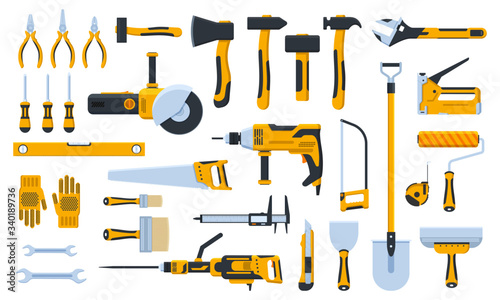 Construction tools. Building repair hand tools, renovation kit, hammer, saw, drill and shovel. Home repair tool vector illustration icons set. Repair tool, hammer and trowel, paintbrush and saw photo