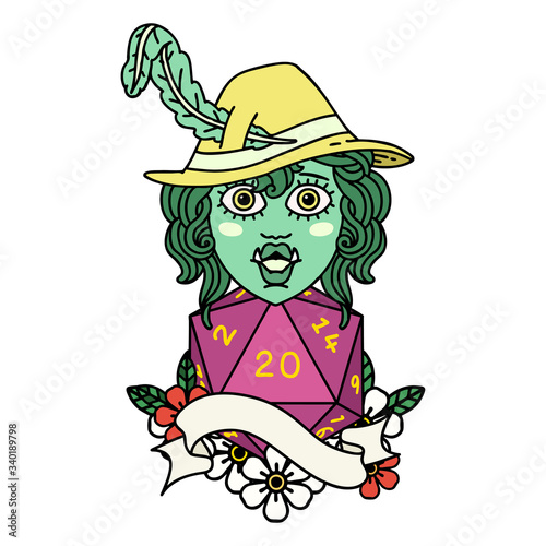 singing half orc bard character with natural twenty dice roll illustration