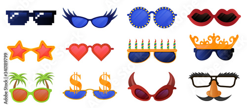 Funny party glasses. Carnival, masquerade sunglasses, photo booth party decorative glasses vector illustration icons set. Masquerade glasses collection, funny mustache and mask