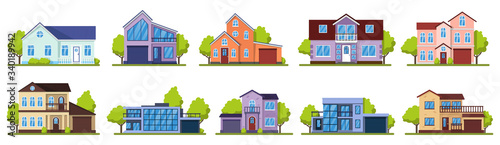 Suburban houses. Living real estate house, modern country villas. Home facade, street architecture vector illustration icons set. House building, home estate suburban, architecture living illustration