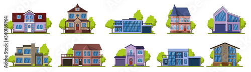 Cottage houses. Suburban real estate, modern country street buildings. Living houses vector illustration icons set. Suburban architecture residential collection