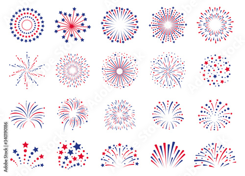 Fireworks 4th July. Celebration festival firecracker, party firework explosion, carnival firework explosions vector icons set. Explosion firework at christmas, new year, festival carnival illustration