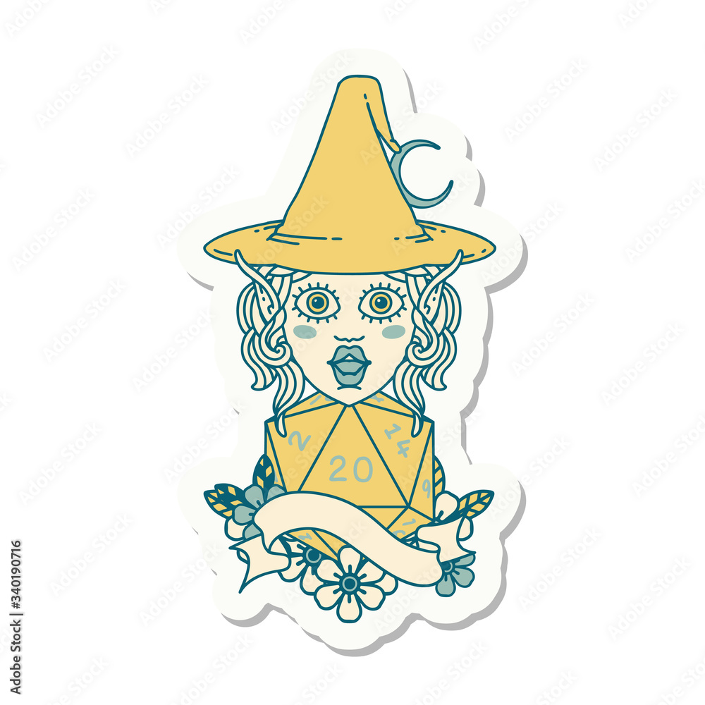 elf mage character with natural twenty dice roll sticker elf mage character with natural twenty dice roll sticker