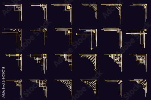 Art deco corners. Vintage gold arabic geometric borders, decorative golden dividers, antique elegant corners isolated icons set. Border ornate corner, vintage golden antique illustration