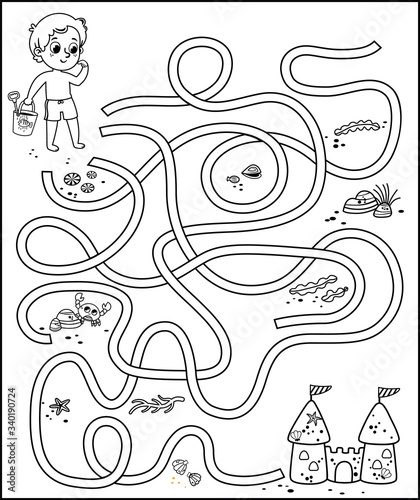 Black and white educational maze game for kids in beach theme. Vector illustration.

