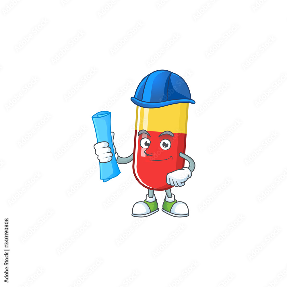 Talented Architect red yellow capsules cartoon design style having blue prints