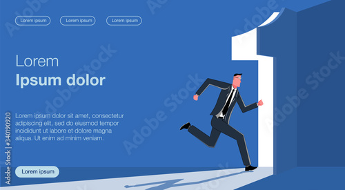 A businessman runs to the door in the form of number one. It symbolizes the movement towards the goal. Business vector concept illustration