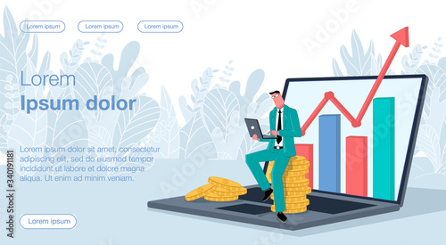 male businessman sitting on coins on a big laptop holding a laptop in his hands. a growing up chart is coming out of a large laptop. Vector illustration depicting success and earning online 