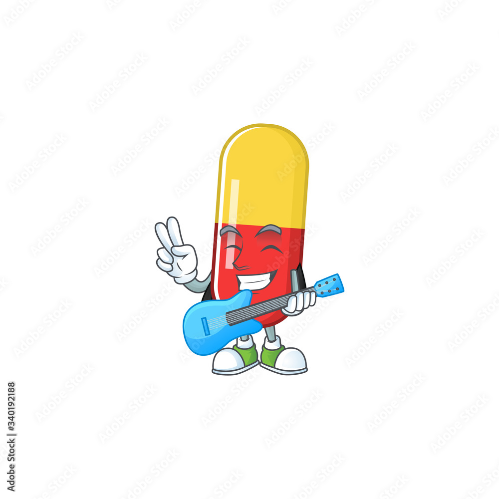 Happy face of red yellow capsules cartoon plays music with a guitar Happy face of red yellow capsules cartoon plays music with a guitar