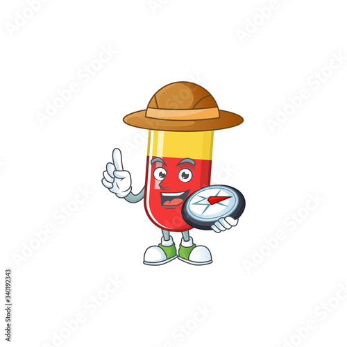World explorer red yellow capsules cartoon design style using compass
