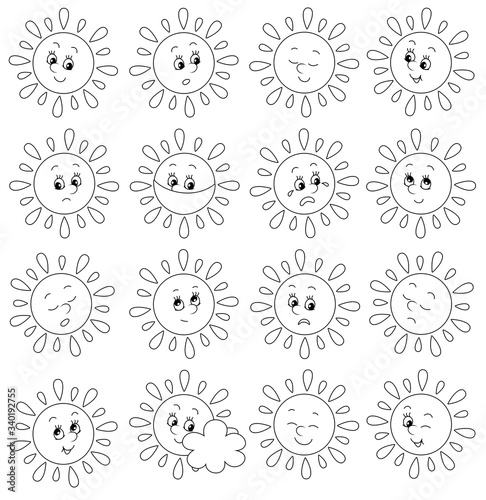 Set of funny sun emoticons with smiling, sad and many other faces of toy characters with different emotions, black and white outlined vector cartoon illustrations
