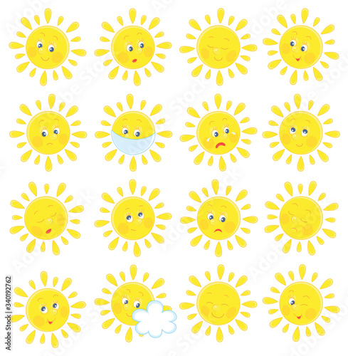Set of funny yellow sun emoticons with smiling, sad and many other faces of toy characters with different emotions, vector cartoon illustrations on a white background