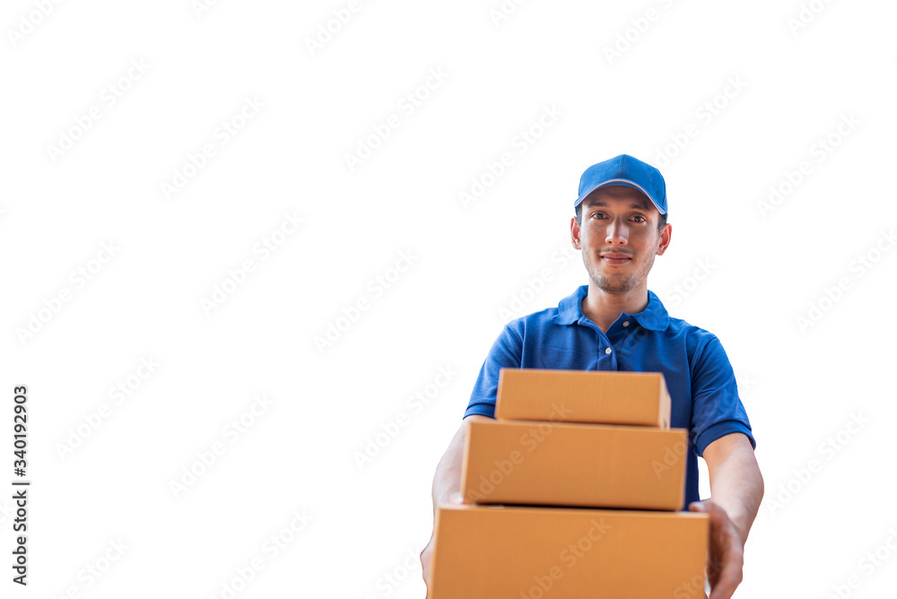 The deliveryman in blue dress, carrying parcels, delivering packages to customers on a white background,Parcel delivery concept The deliveryman in blue dress, carrying parcels, delivering packages to customers on a white background,Parcel delivery concept