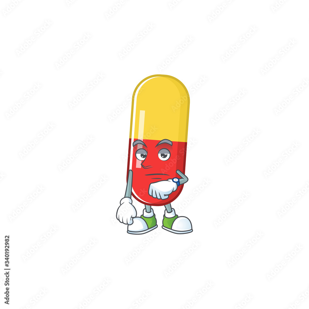 Red yellow capsules with waiting gesture cartoon mascot design concept