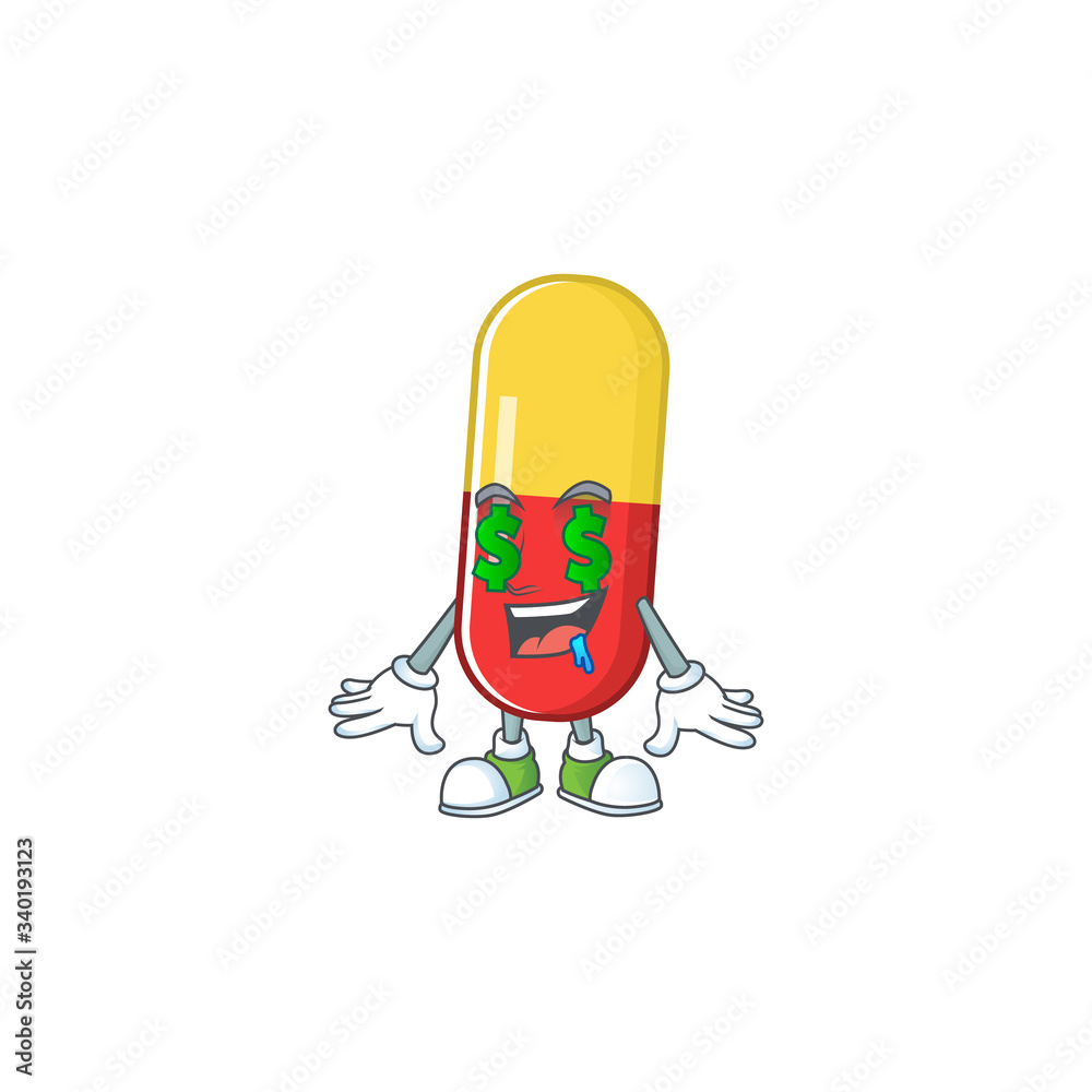 mascot character style of rich red yellow capsules with money eyes mascot character style of rich red yellow capsules with money eyes