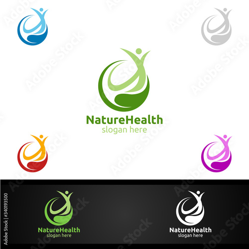 Organic Health Care Medical Logo with Human and Leaf Character for Therapy, Wellness, Spa, Education, Nutrition, or Fitness Concept