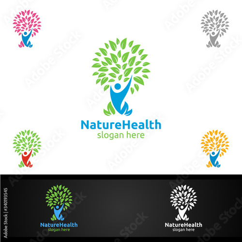 Organic Health Care Medical Logo with Human and Leaf Character for Therapy, Wellness, Spa, Education, Nutrition, or Fitness Concept