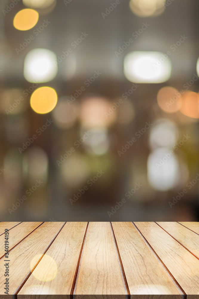 3D Rendering, Empty wooden table top with lights bokeh on blur restaurant background, Vertical