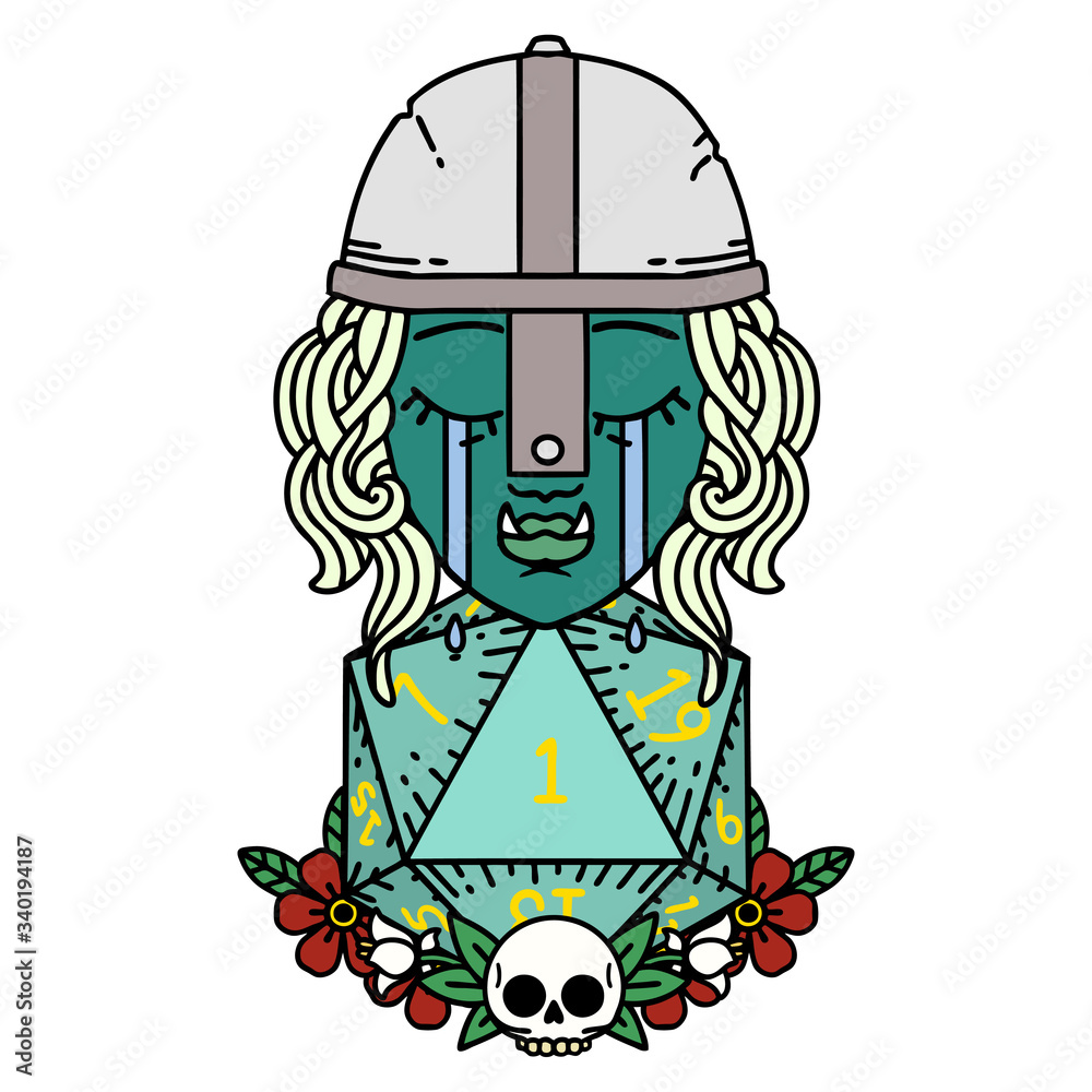 crying orc fighter character with natural one D20 roll illustration crying orc fighter character with natural one D20 roll illustration