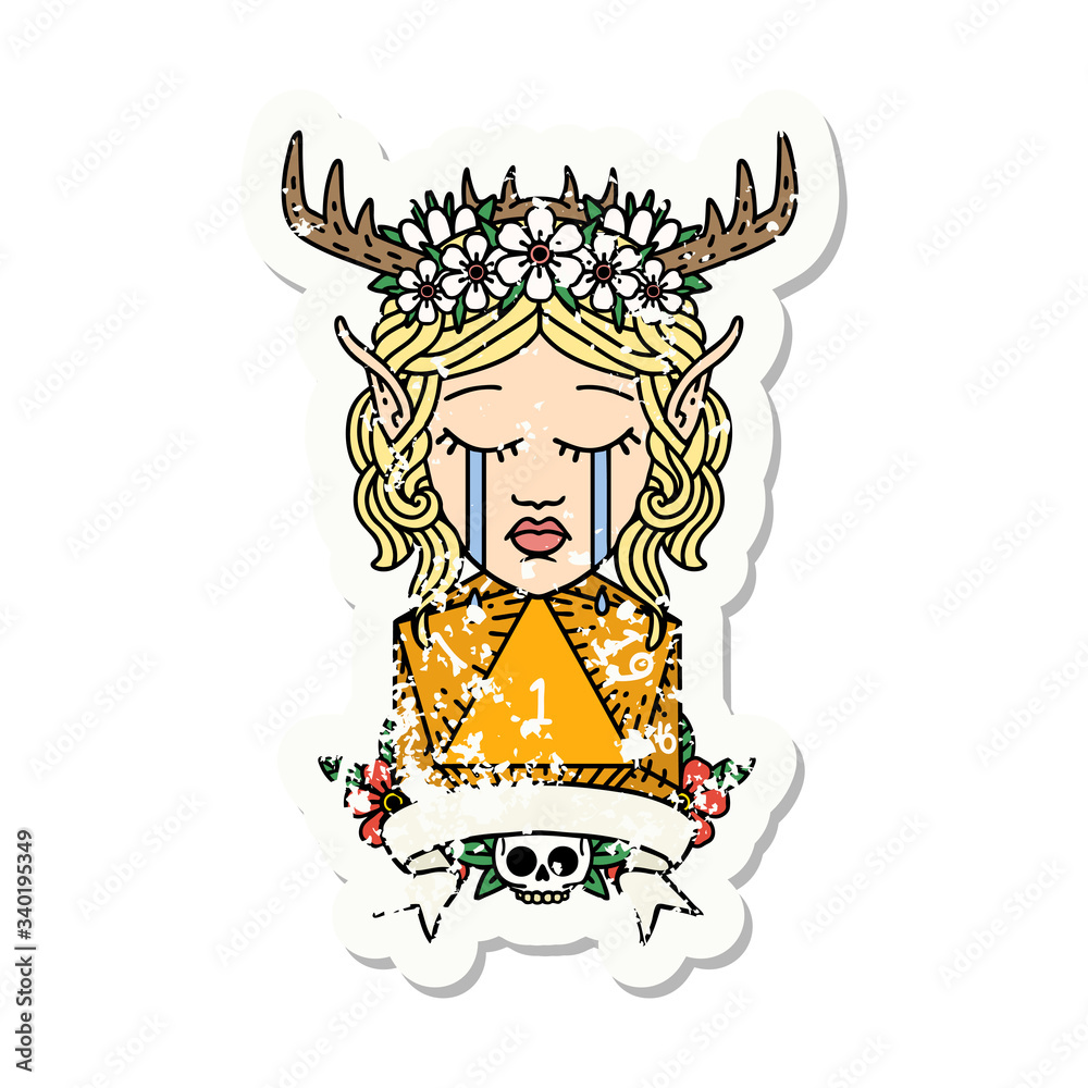 sad elf druid character face with natural one D20 roll grunge sticker sad elf druid character face with natural one D20 roll grunge sticker