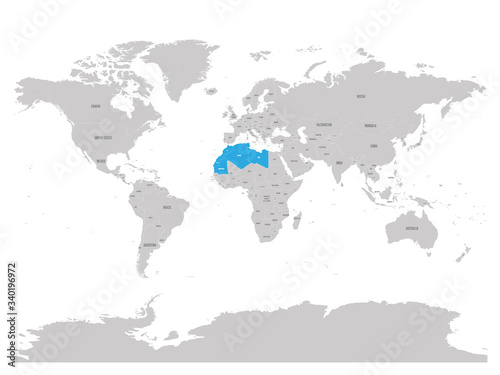 Map of Maghreb countries - Northwest Africa states blue highlighted in World map. Vector illustration