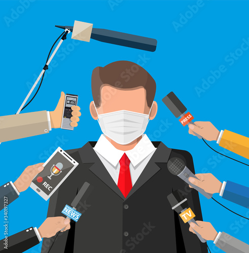 Man with face mask giving speech about coronavirus covid-19 ncov outbreak news. Reporters staff at press conference. Hands of journalists with microphones. Flat vector illustration