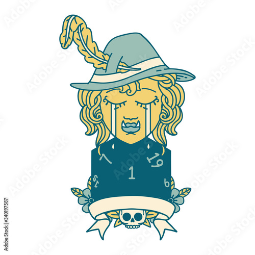 crying orc bard character with natural one D20 roll illustration