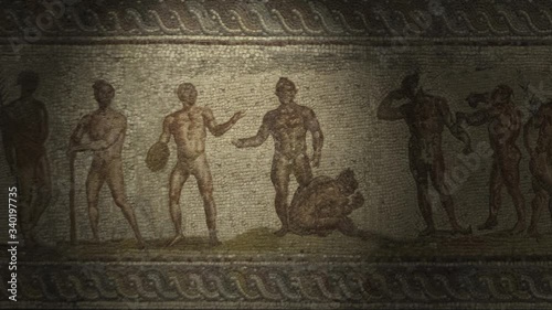 Animated ancient Roman patchwork mosaic of athletes practicing sports