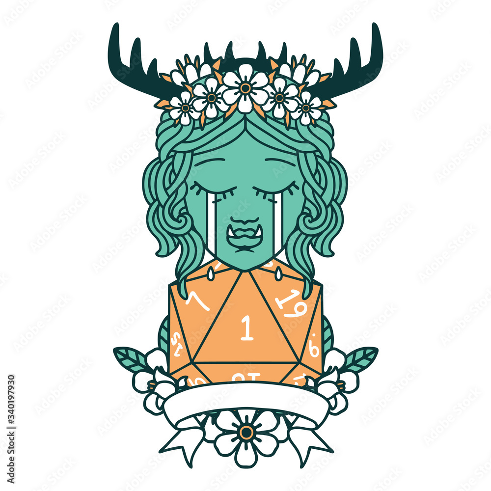 crying orc druid character with natural one roll illustration