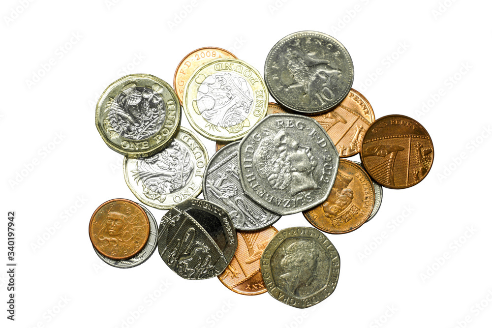 Top view and crop of British currency coins isolate on white background. Make with path. Top view and crop of British currency coins isolate on white background. Make with path.