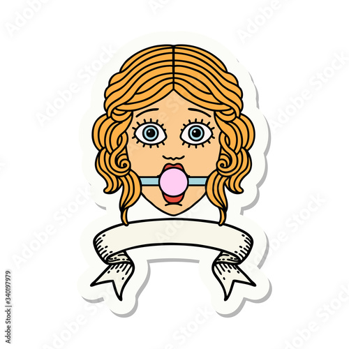 tattoo sticker with banner of female face with ball gag