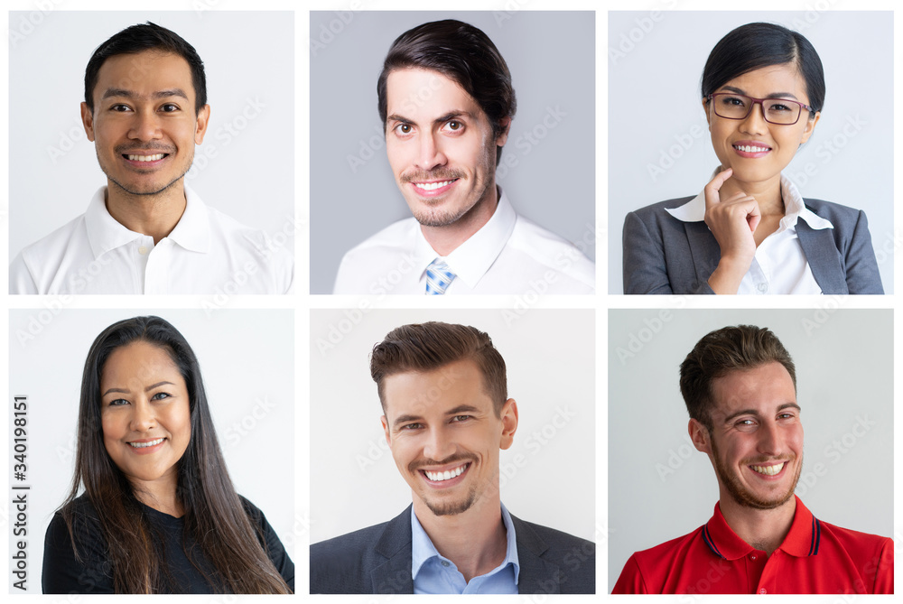 Set of portraits of different people posing for their employment photographs. Collage of multinational team. Equality, teamwork and working relations concept. Set of portraits of different people posing for their employment photographs. Collage of multinational team. Equality, teamwork and working relations concept.