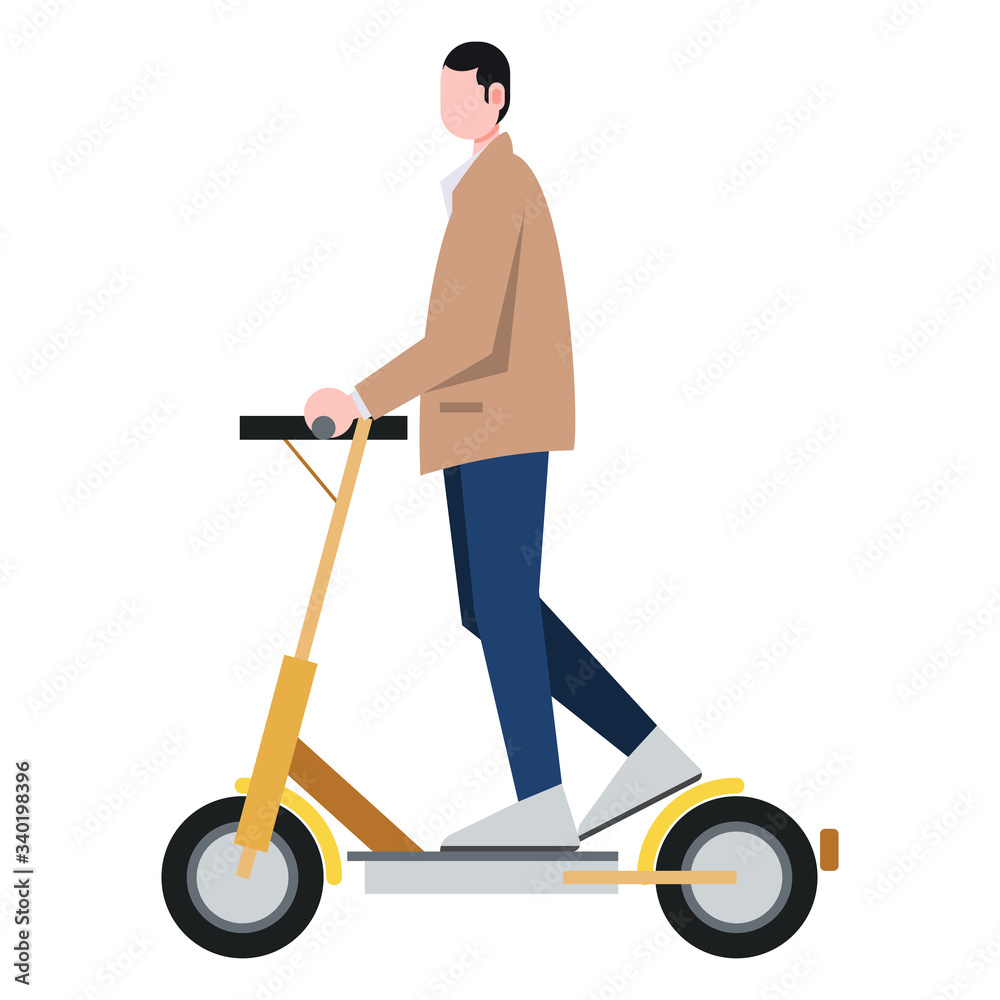 Man riding scooter in town isolated flat character vector. Transportation technology clean energy concept. Man riding scooter in town isolated flat character vector. Transportation technology clean energy concept.