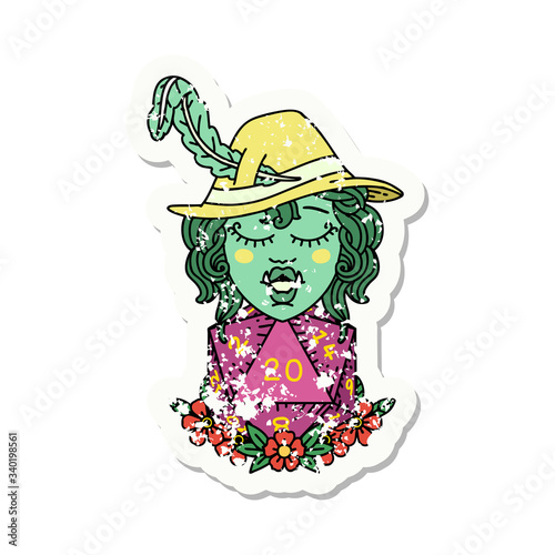 half orc bard with natural twenty dice roll  grunge sticker