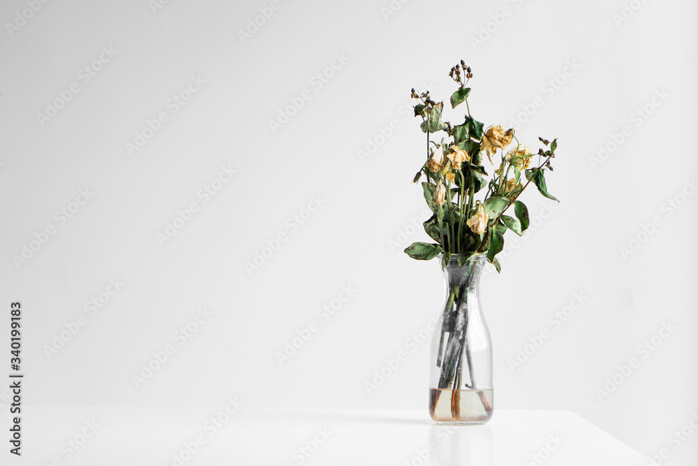 Bouquet of wilted flowers on a white background