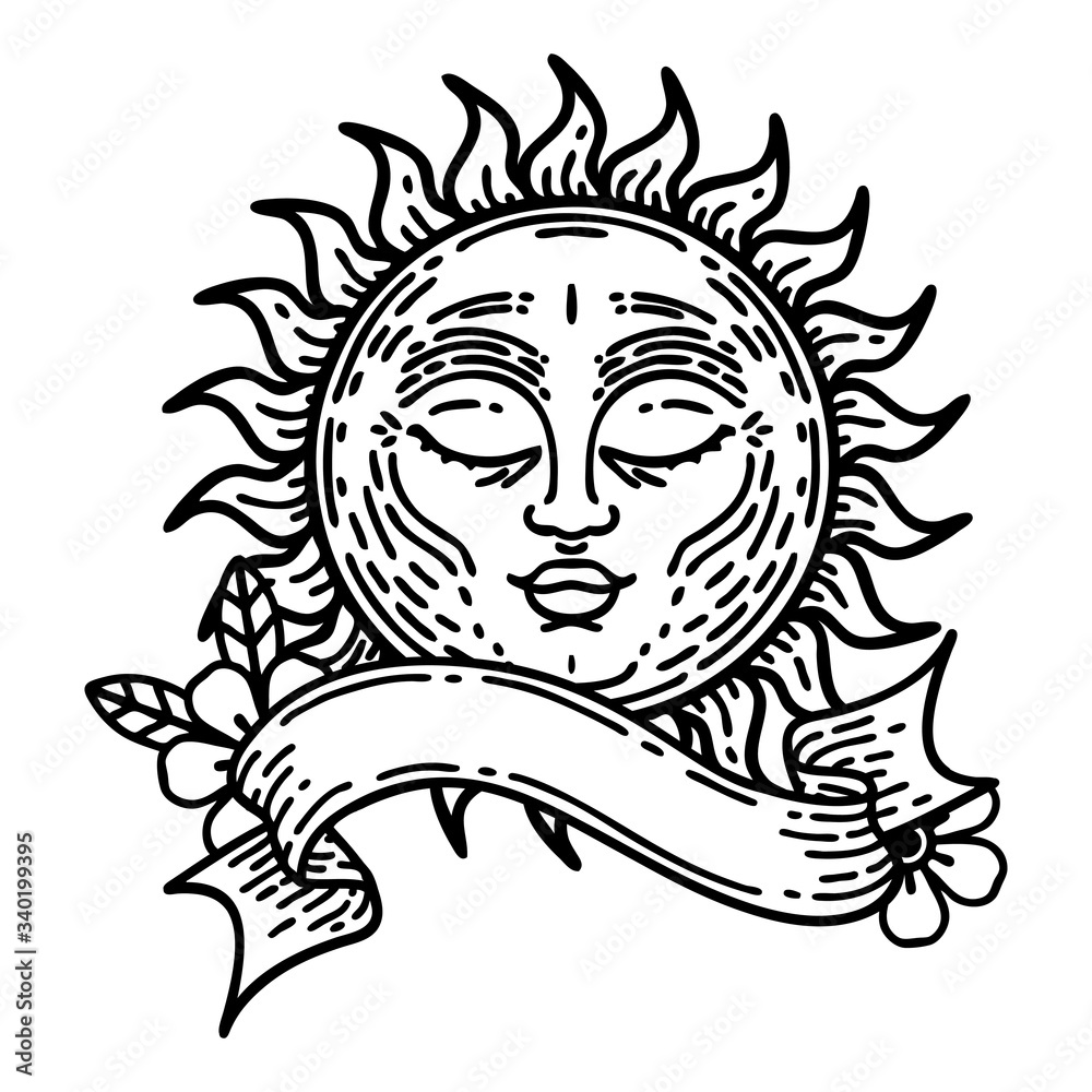 black linework tattoo with banner of a sun