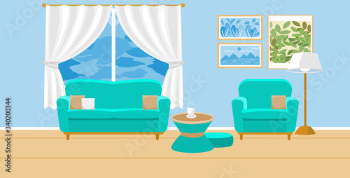 Living room interior vector. Design of a cozy room with sofa, window and decor accessories. Vector illustration about interior
