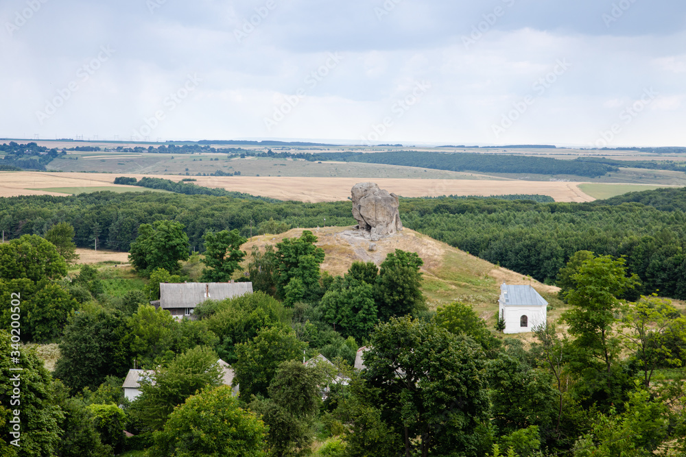 Scenic view on Pidkamin inselberg on adjacent hill in Brody region of Galychyna