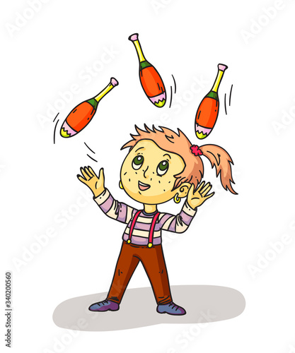 Girl juggler perform isolated on white background