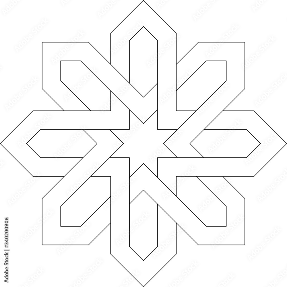 Black and white 2D CAD drawing of Islamic pattern. Islamic patterns use elements of geometry that are repeated in their designs.
