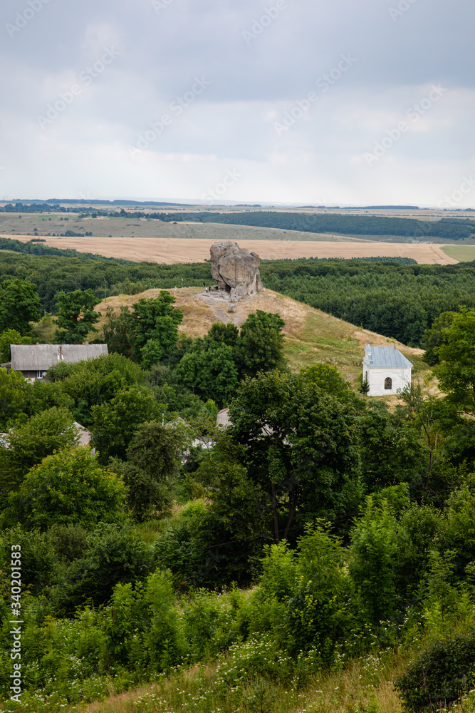 Scenic view on Pidkamin inselberg on adjacent hill in Brody region of Galychyna