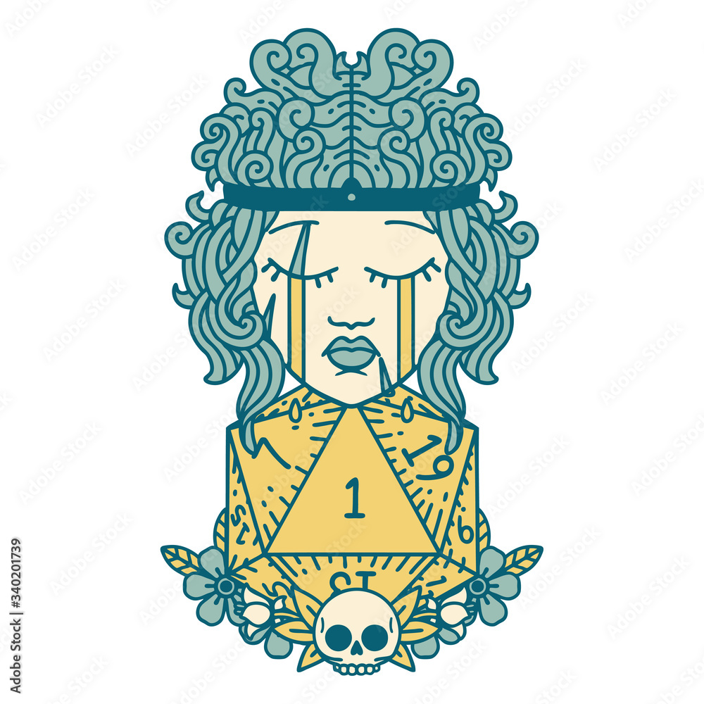 crying human barbarian with natural one D20 roll illustration crying human barbarian with natural one D20 roll illustration