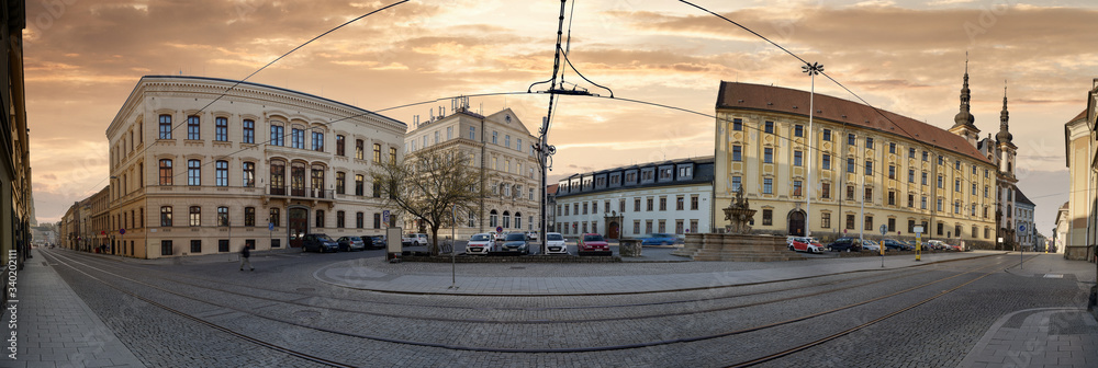 Obraz premium Olomouc - baroque pearl of Moravia, Republic square with fountain of tritons and church st. Marry of snow