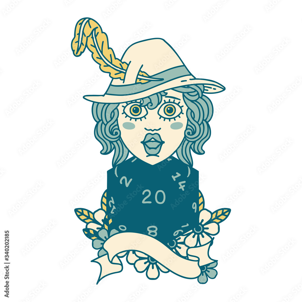 human bard with natural twenty dice roll illustration human bard with natural twenty dice roll illustration