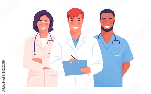 Vector illustration of a medical team, group of physicians, practitioners, doctors