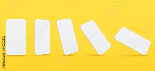 White mobile smartphone mockup with perspective views different angles views. Phone screens with a blank display on yellow background.