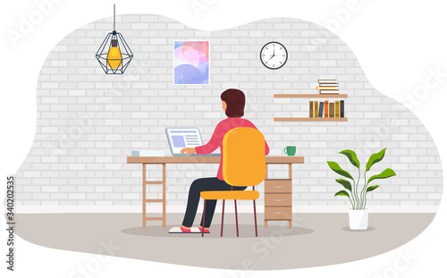 Work at home. Woman working on laptop at home. Concept self employed people, distance learning online.