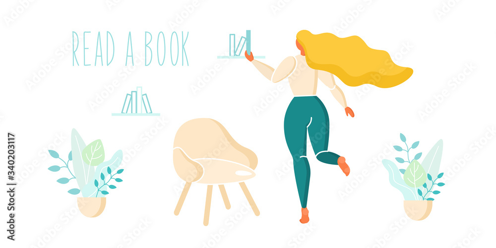 Woman takes book from shelf - vector illustration