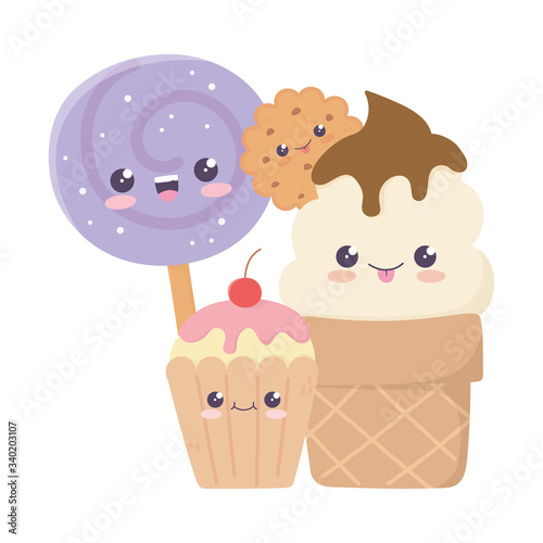cute cupcake ice cream cookie and candy in stick kawaii cartoon character photo