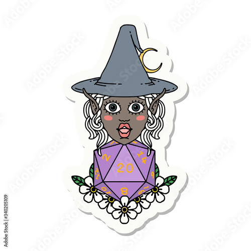elf mage character with natural twenty dice roll sticker